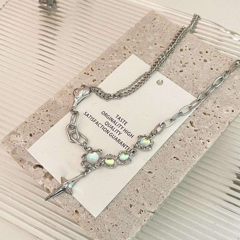 Silver titanium steel clavicle chain necklace featuring a cool tone coloured glaze moonstone pendant — view 5