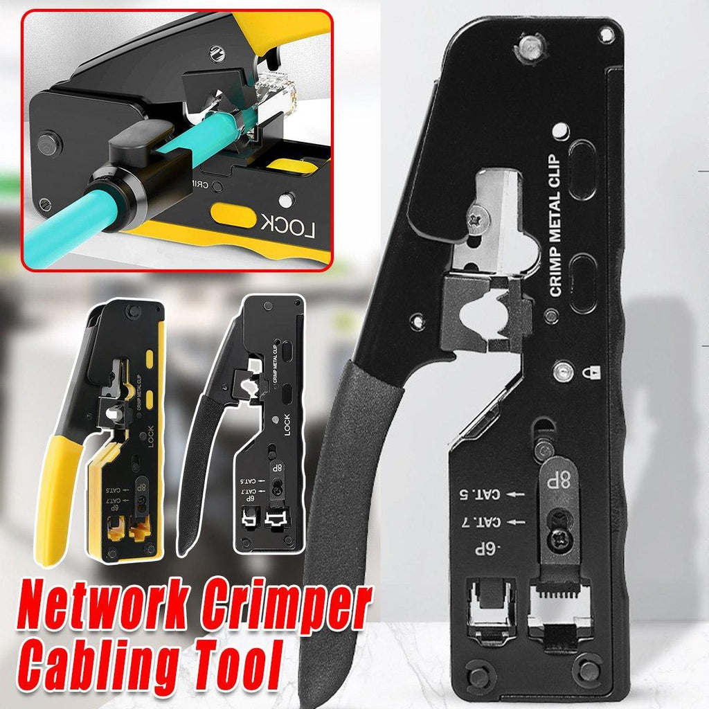 Multi-function network cable crimping tool in high-carbon steel with an ergonomic non-slip grip handle.