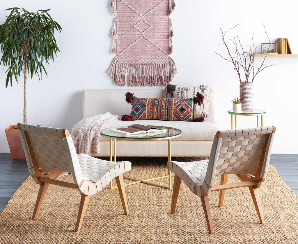 Ivory and light purple handwoven cotton wall hanging tapestry on a natural wood rod. — view 4