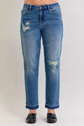 Judy Blue Full Size Mid Rise Bf Patch & Repair Destroy Release Hem Jeans Plus Size-0