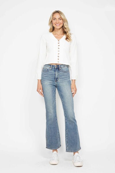 Judy Blue Full Size Tummy Control Back Embroidered Pocketed Bootcut Jeans Plus Size.-3