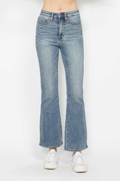 Judy Blue Full Size Tummy Control Back Embroidered Pocketed Bootcut Jeans Plus Size.-0