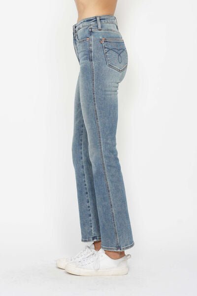 Judy Blue Full Size Tummy Control Back Embroidered Pocketed Bootcut Jeans Plus Size.-1