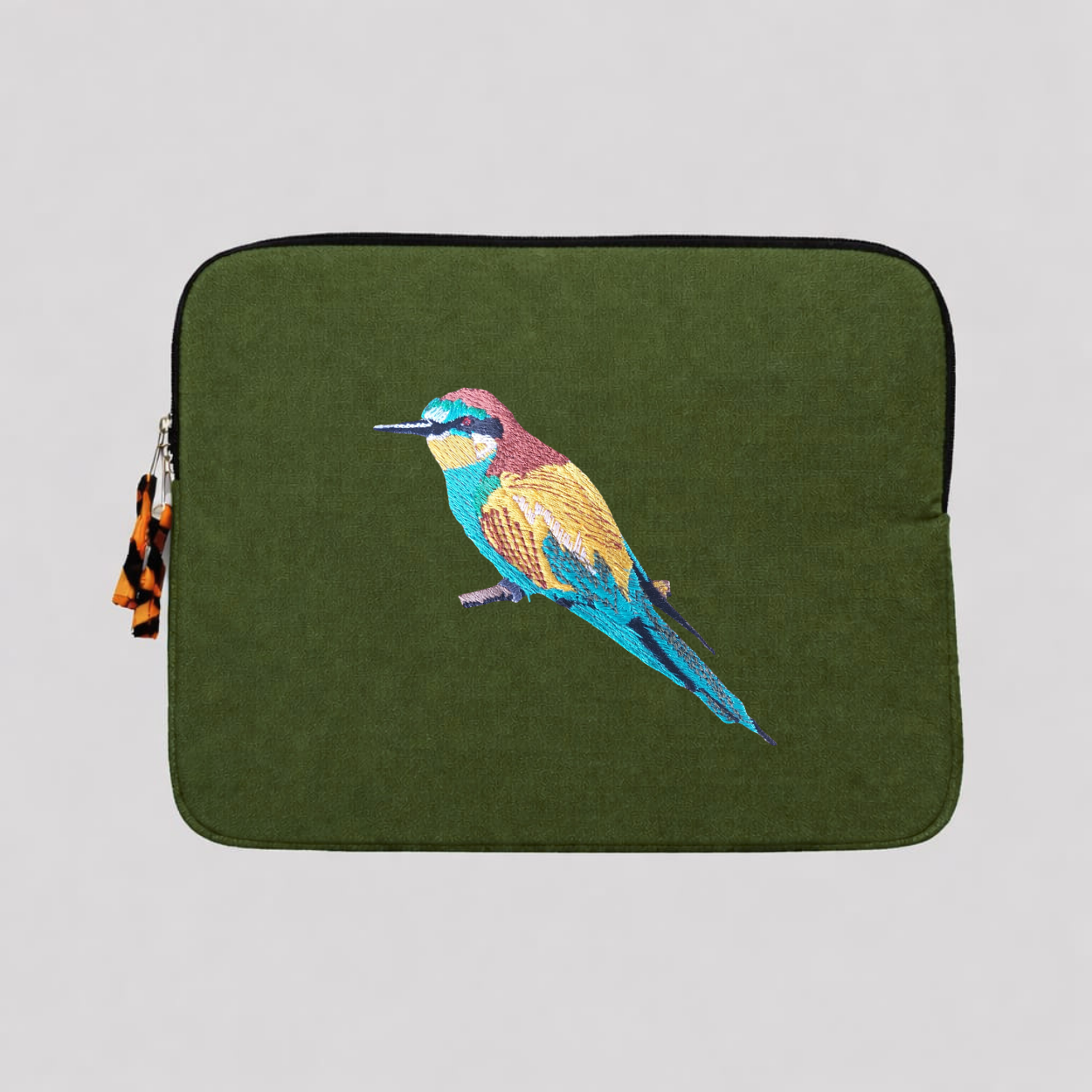 Bee eater laptop sleeve crafted from cotton canvas featuring detailed bird embroidery in earthy colors. — view 5