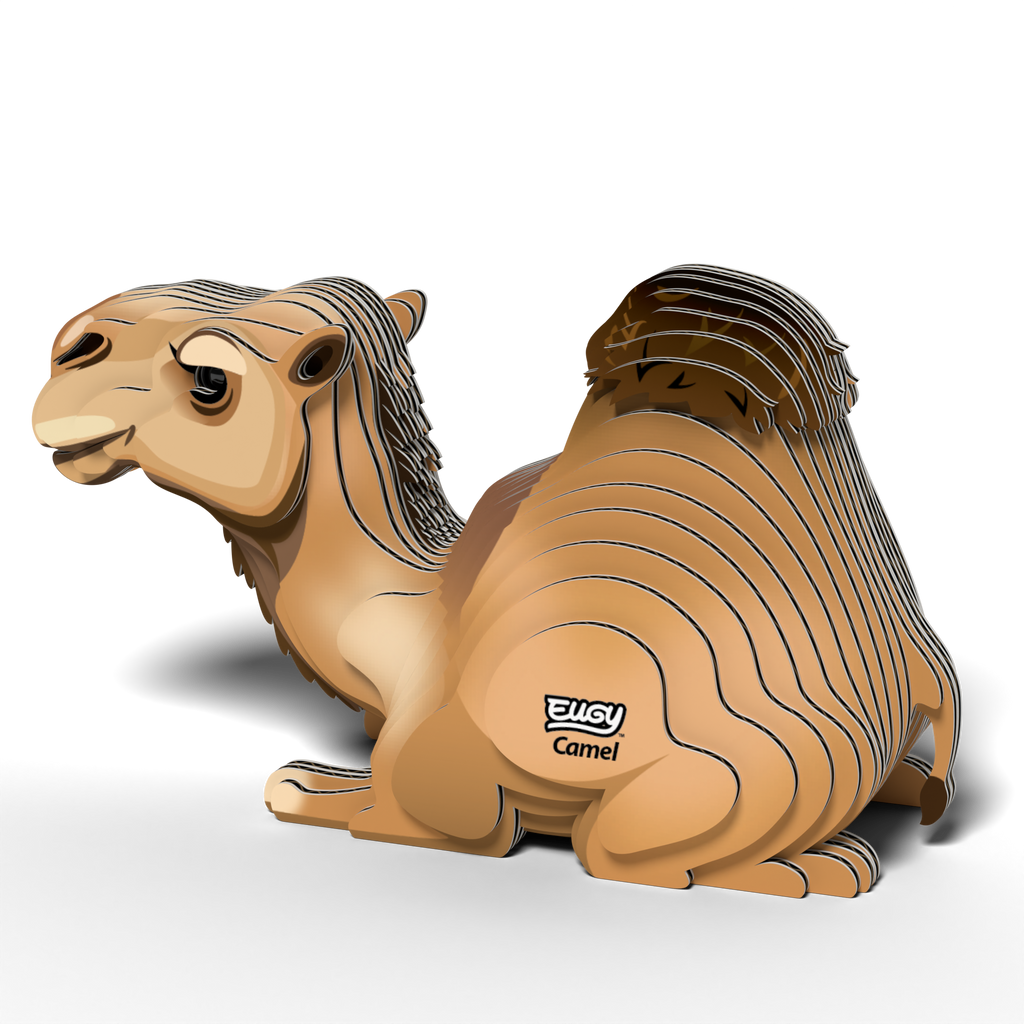 Assembled EUGY camel 3D puzzle made from biodegradable cardboard featuring a kneeling posture and single hump — view 4