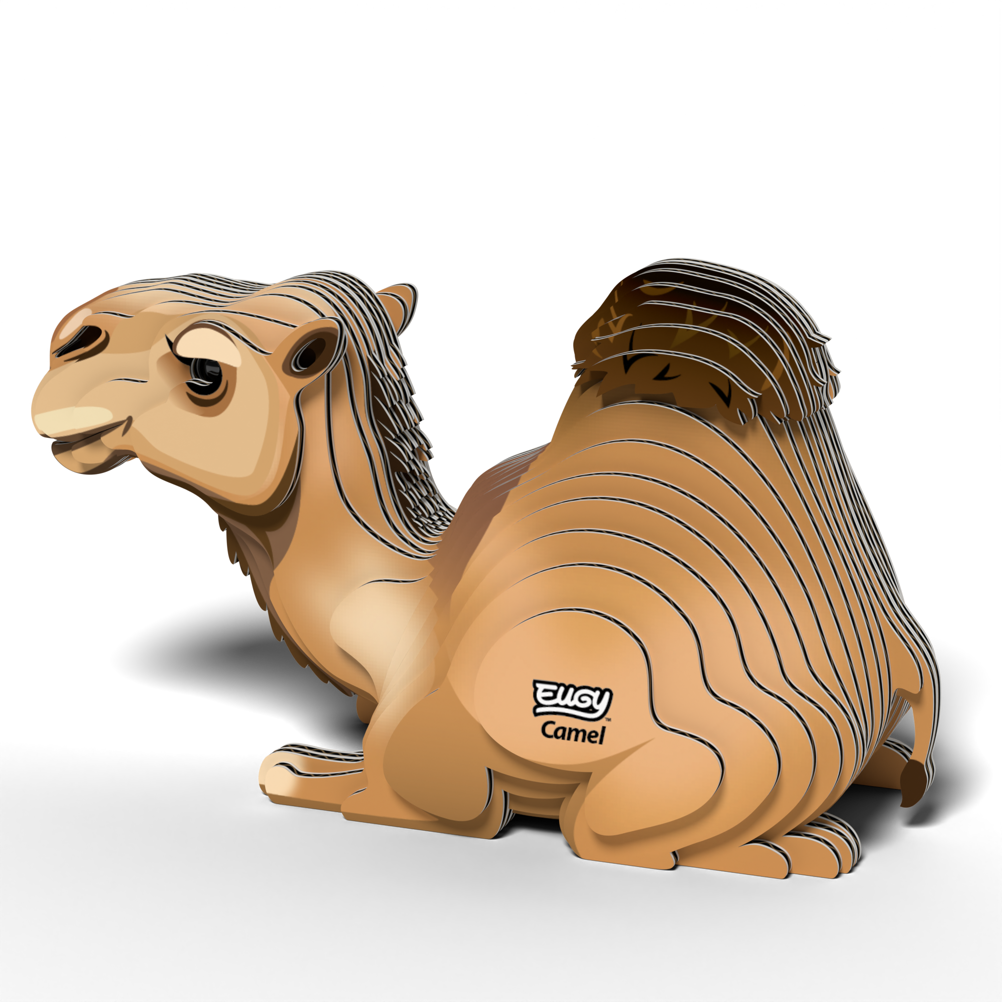 Assembled EUGY camel 3D puzzle made from biodegradable cardboard featuring a kneeling posture and single hump — view 4