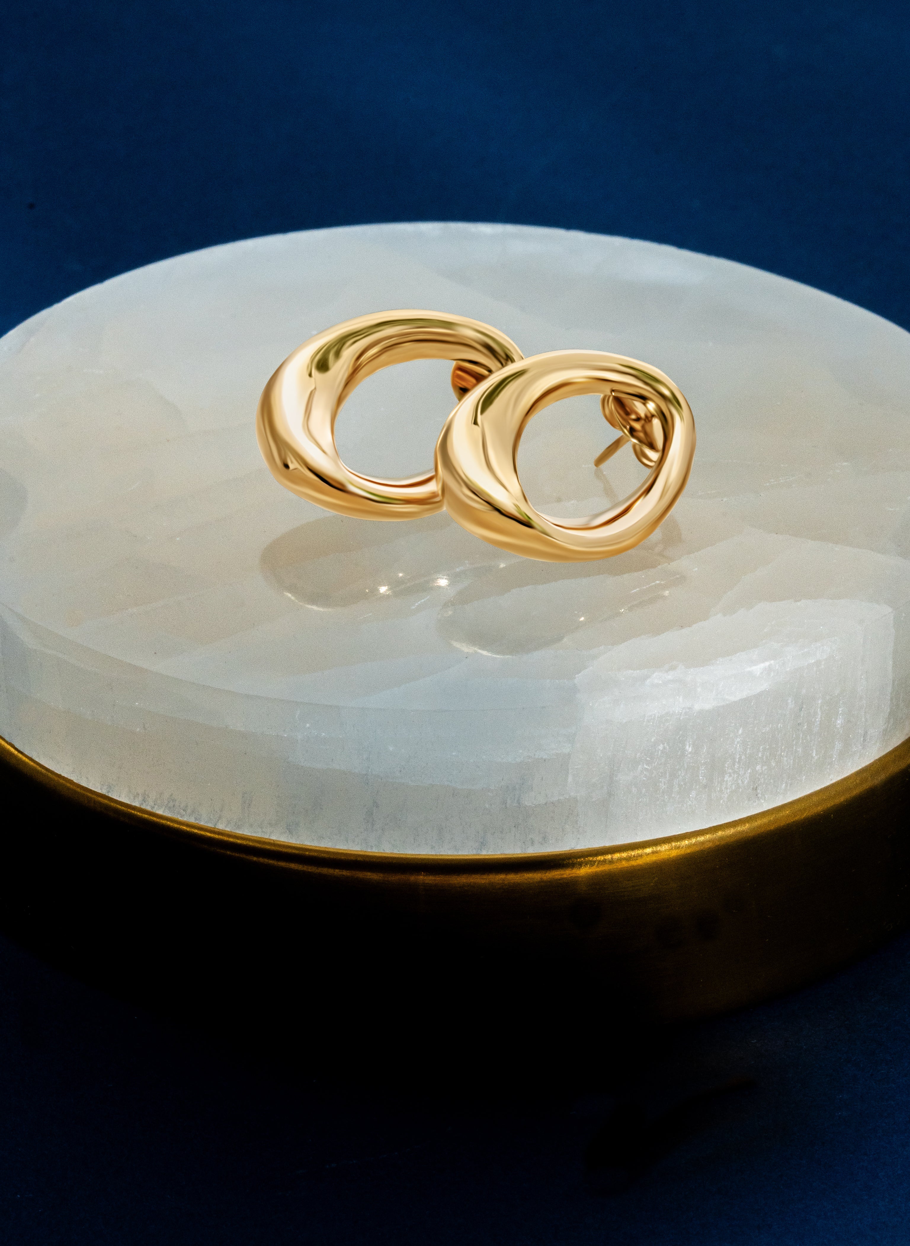 Kate abstract oval drop earrings with a smooth gold finish and fluid geometric sculptural design. — view 3