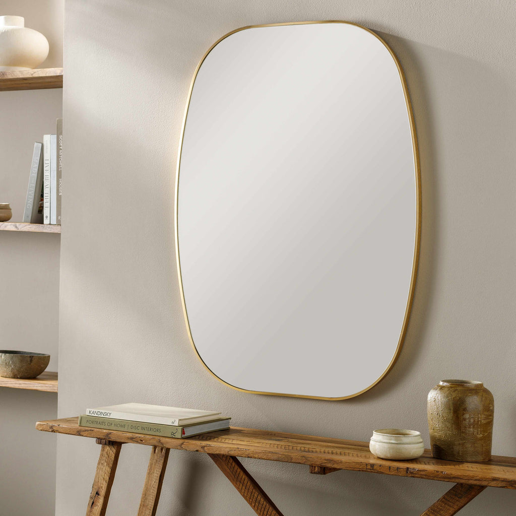 Gold frame round wall mirror with contemporary aluminum edge and clear reflective glass design.