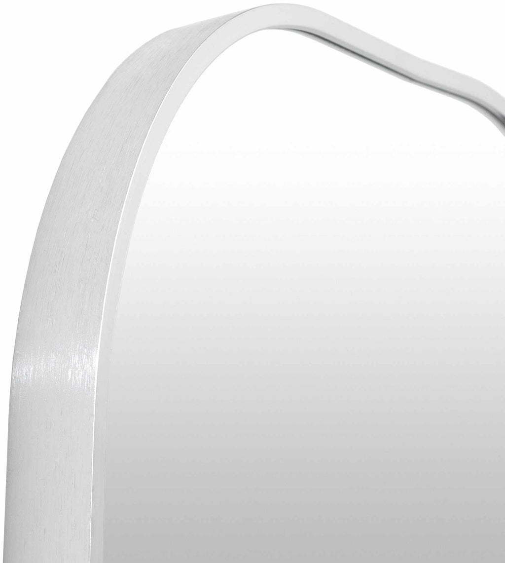 Round contemporary wall mirror with a metallic silver-gray aluminum frame on a blank wall — view 5