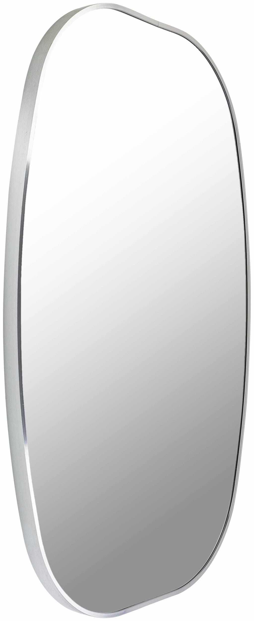 Round contemporary wall mirror with a metallic silver-gray aluminum frame on a blank wall — view 4