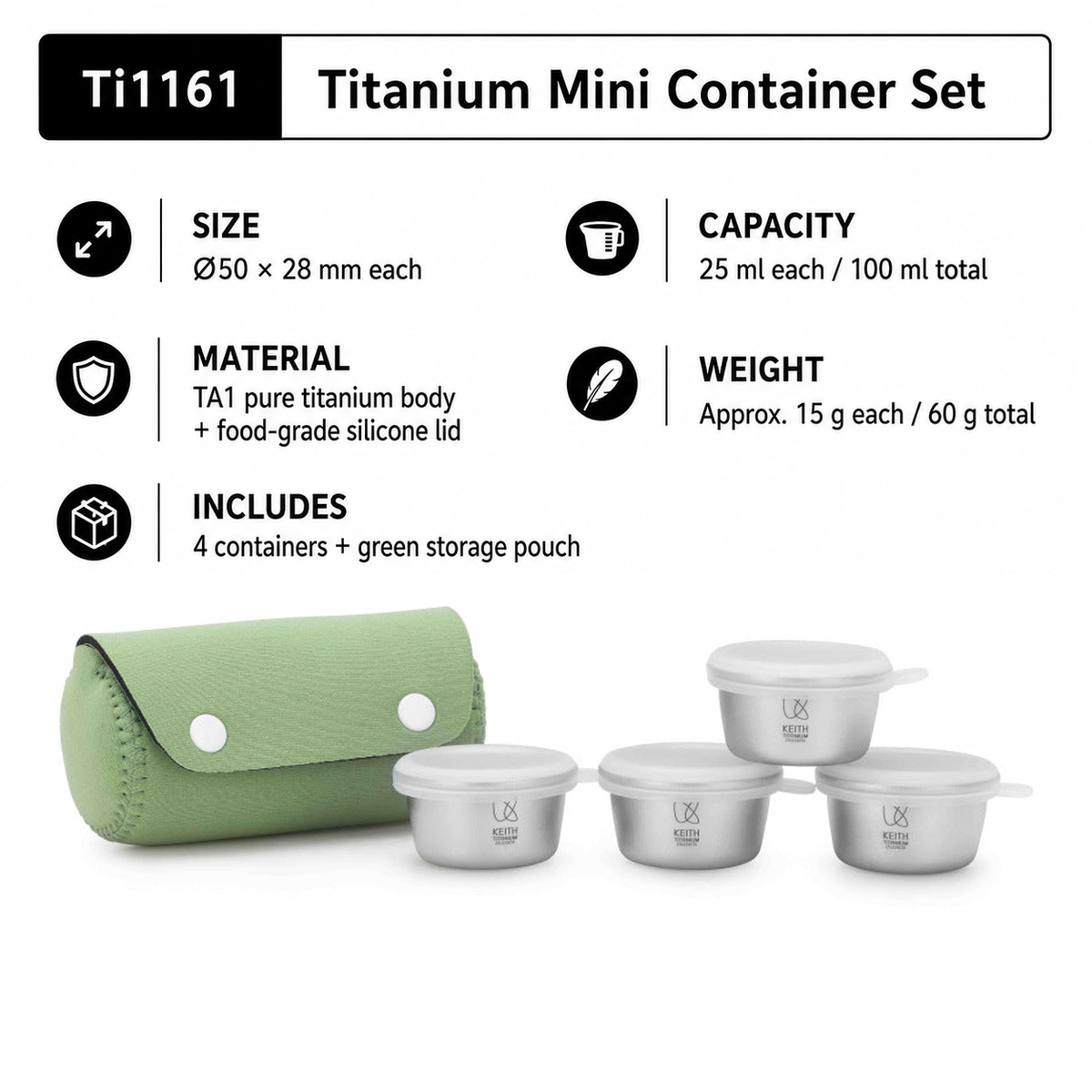 KEITH Titanium Mini Container Set with Pouch, 4-Piece - Ti1161-2
