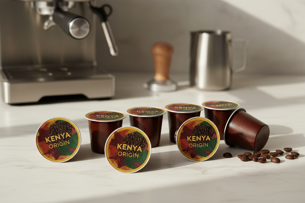 StepUp Coffee Kenya citrus coffee pods box highlighting single-origin medium roast and bright fruity notes