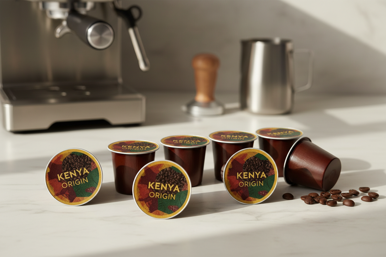 StepUp Coffee Kenya citrus coffee pods box highlighting single-origin medium roast and bright fruity notes