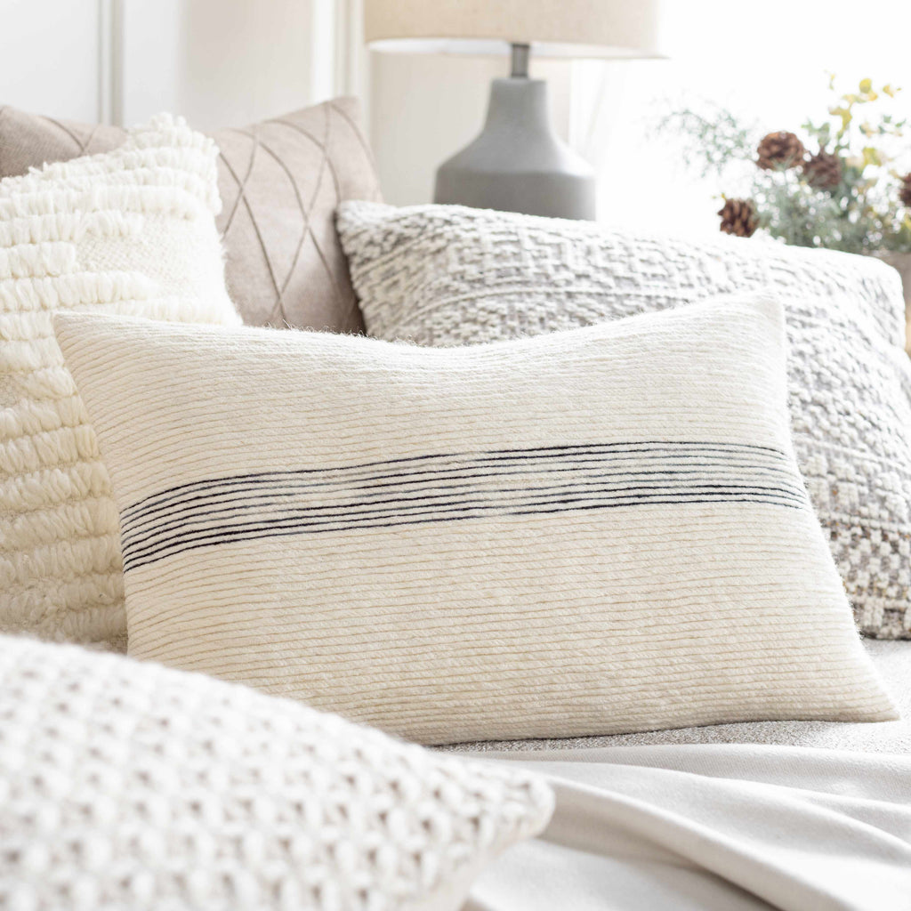 Woven wool and cotton contemporary throw pillow cover featuring ivory, black, and charcoal patterns — view 4