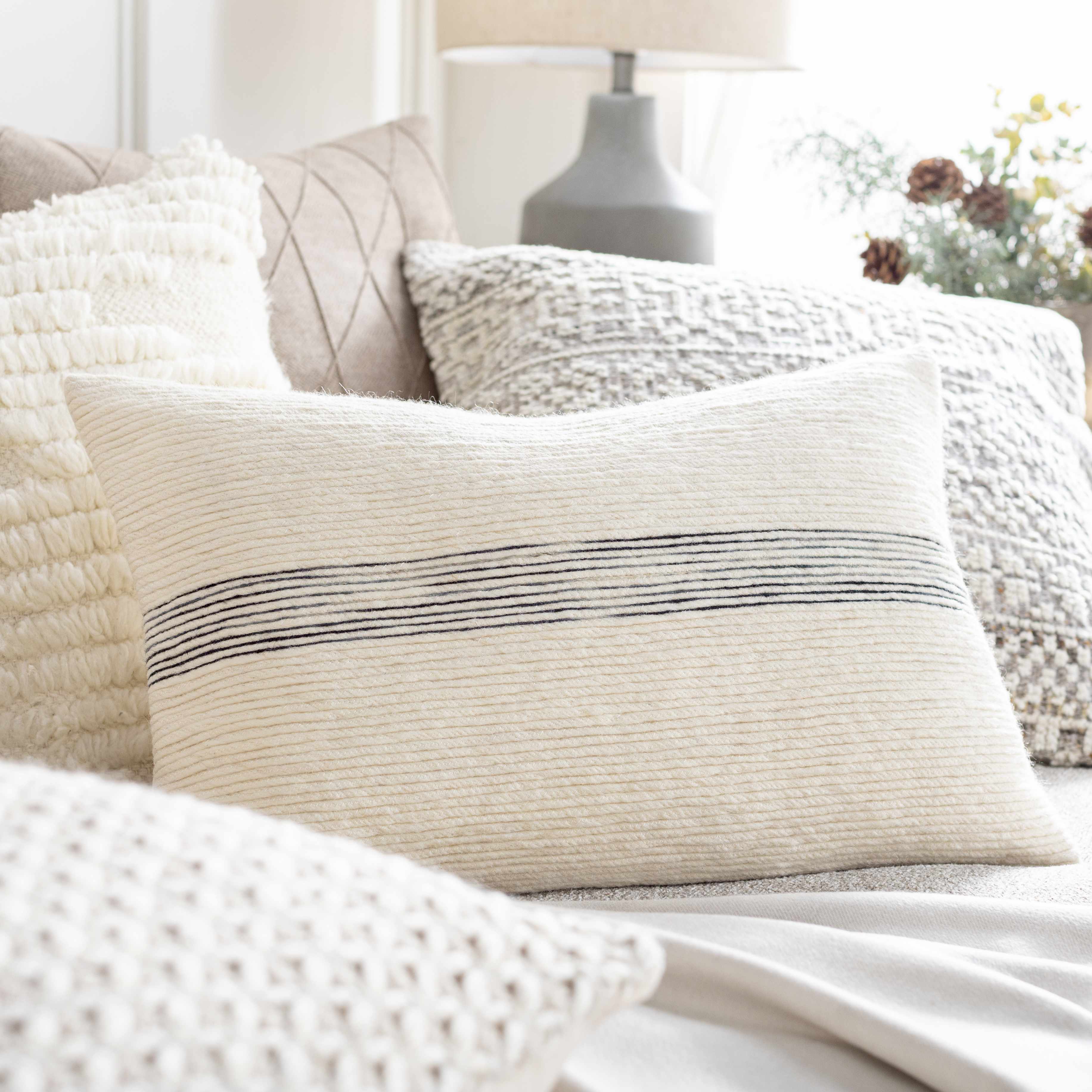Woven wool and cotton contemporary throw pillow cover featuring ivory, black, and charcoal patterns — view 4