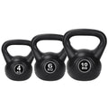 Three piece kettlebell weight set 4kg 6kg 10kg with ergonomic handles for home gym workouts