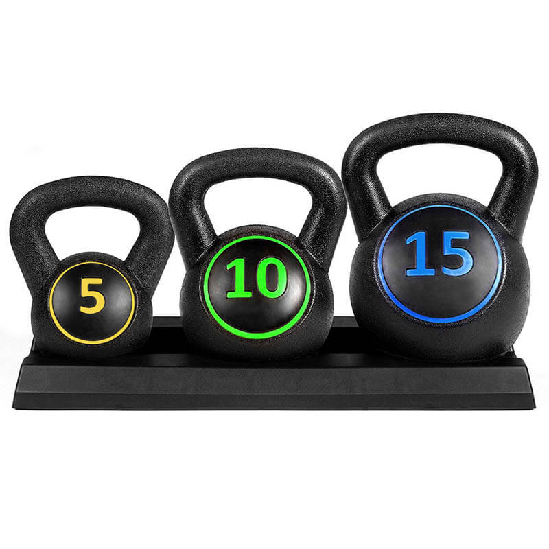 Three piece black kettlebell weight set for home gym strength training and fitness workouts