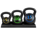 Three piece black kettlebell weight set for home gym strength training and fitness workouts