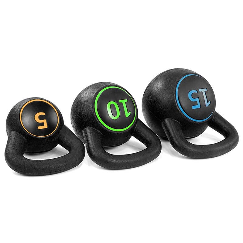 Three piece black kettlebell weight set for home gym strength training and fitness workouts — view 3