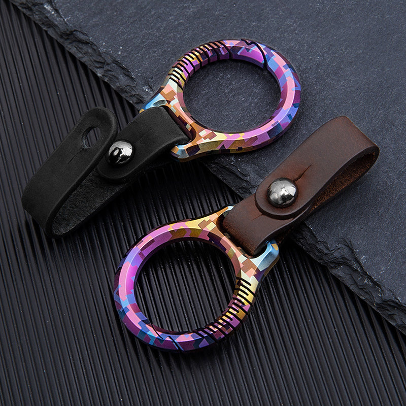 Luxury titanium keychain with magnetic rotary buckle and top grain leather strap for car keys