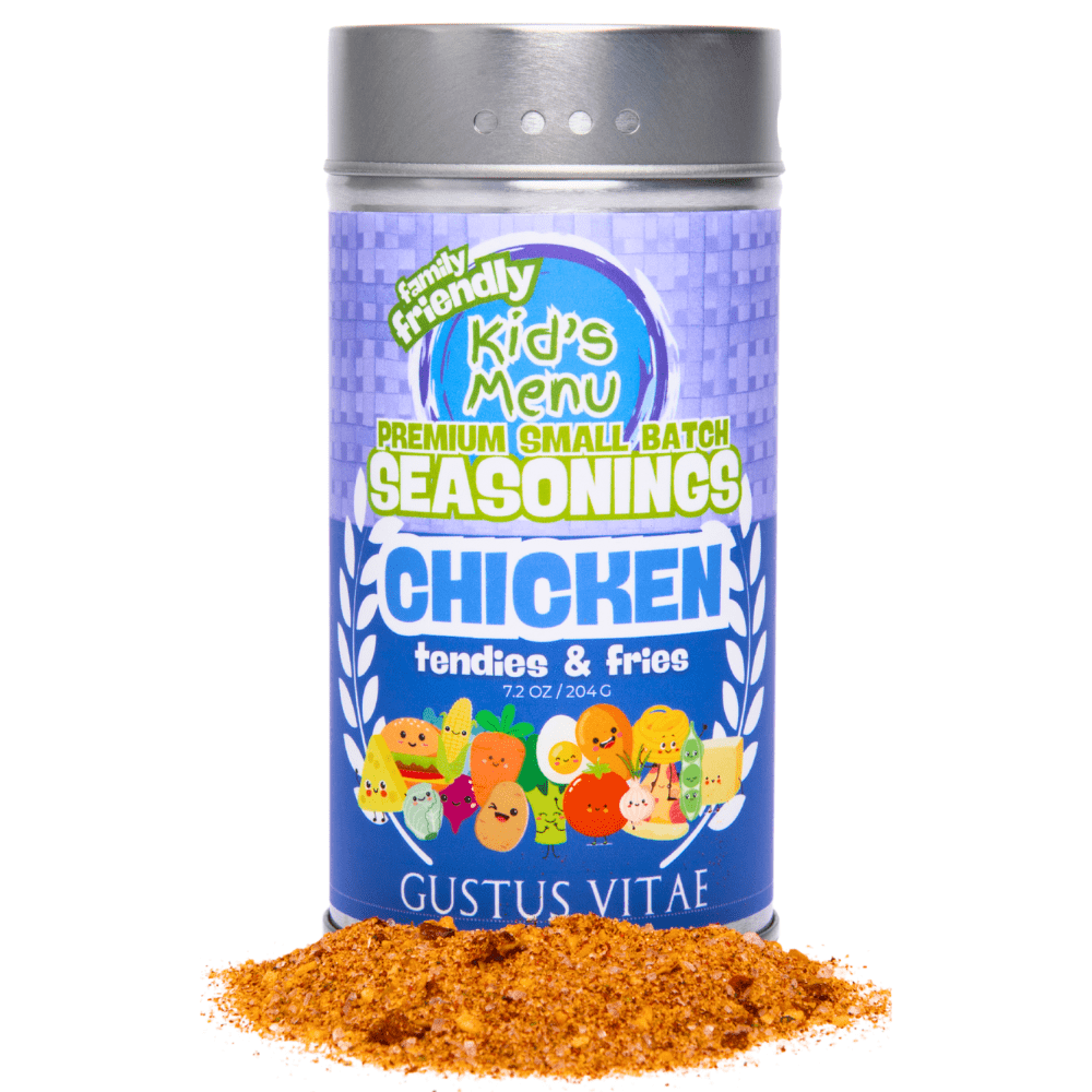 Magnetic tin of Tendies and Fries gourmet chicken seasoning with savory herbs and spices.