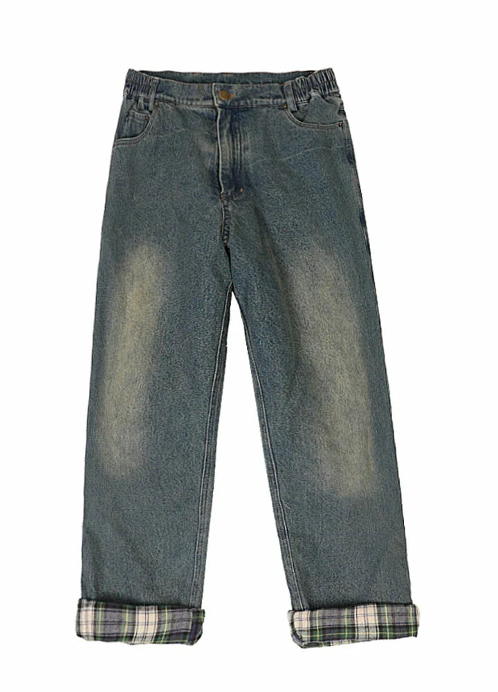 Kids flannel lined jeans with classic straight leg and rolled buffalo check plaid cuff — view 4