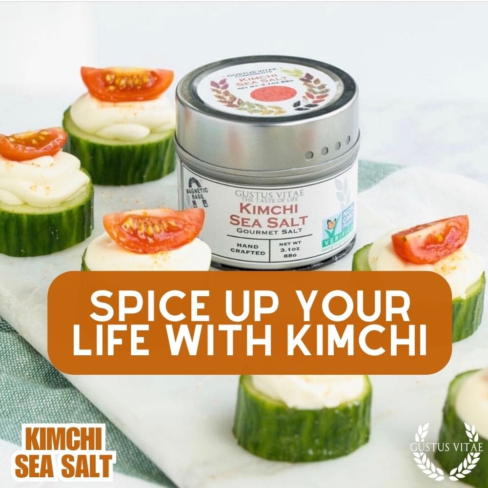Kimchi sea salt in a round magnetic spice tin with flavorful red gourmet seasoning powder — view 2