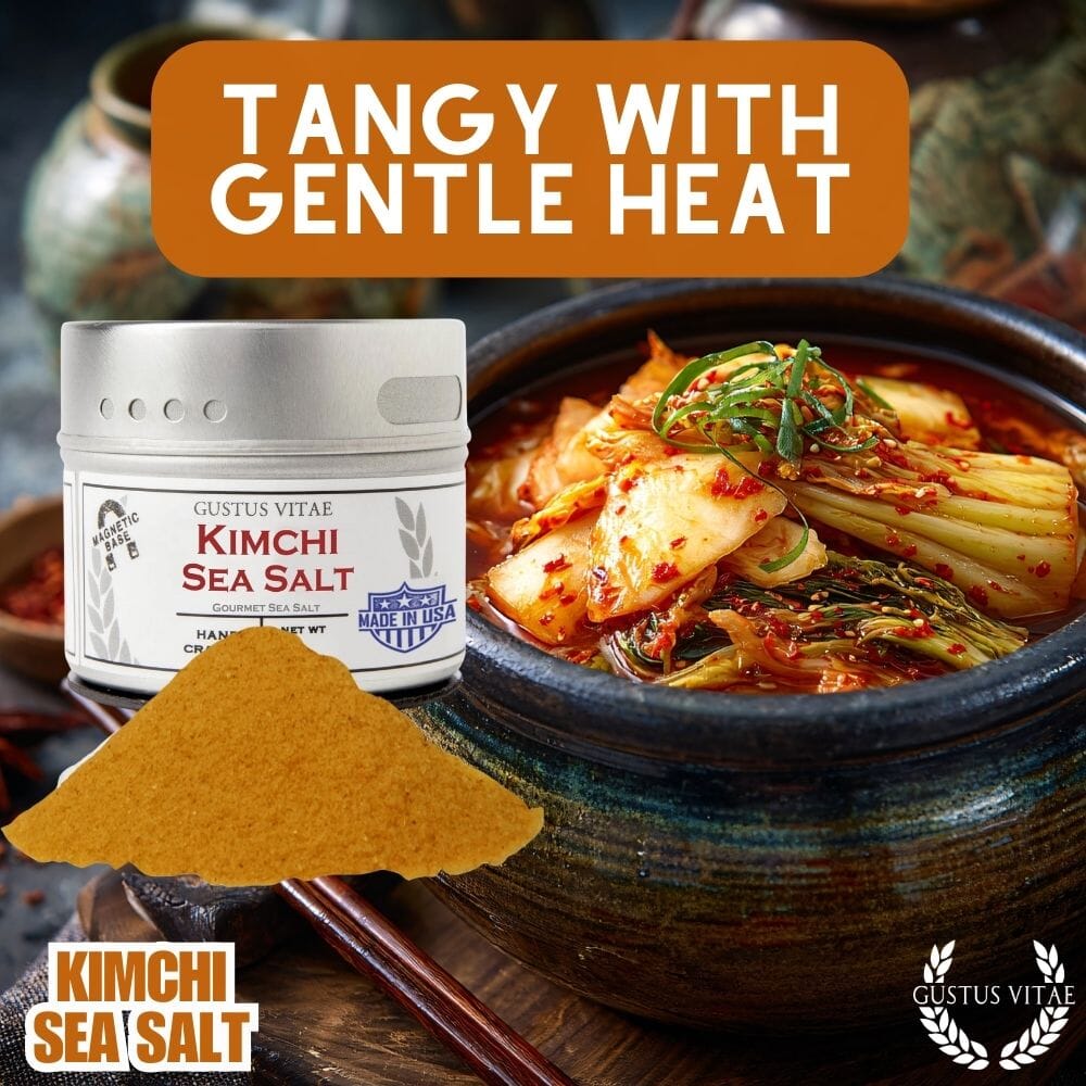 Kimchi sea salt in a round magnetic spice tin with flavorful red gourmet seasoning powder — view 3