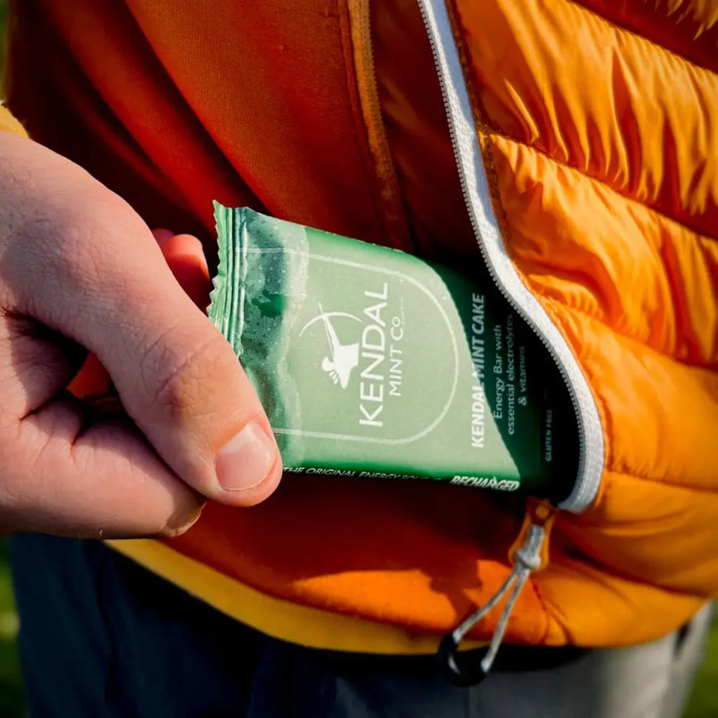 Pocket sized KMC NRG original flavour energy bar made of three breakable mint cake blocks — view 2