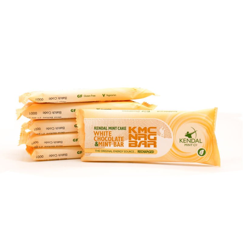 White chocolate coated Kendal Mint Cake 50g energy bar in vibrant packaging