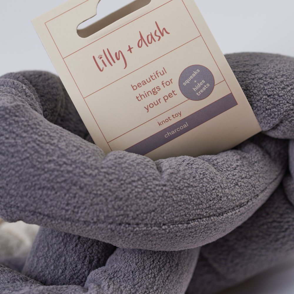 Soft polyester boucle knot dog toy in a neutral shade with hidden squeakers for interactive play — view 3