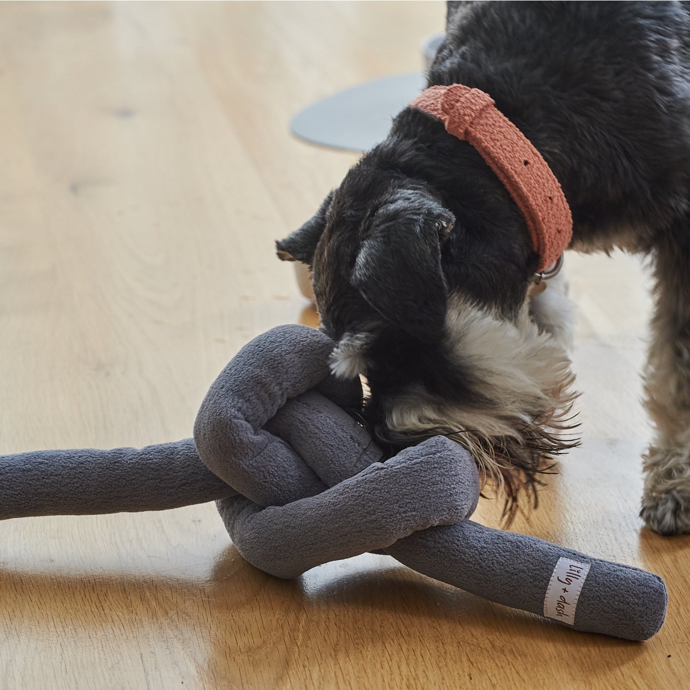 Soft polyester boucle knot dog toy in a neutral shade with hidden squeakers for interactive play