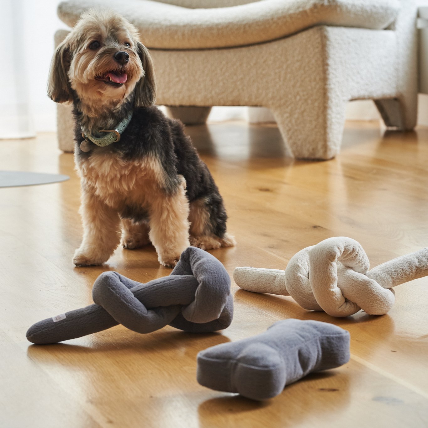 Soft polyester boucle knot dog toy in a neutral shade with hidden squeakers for interactive play — view 2