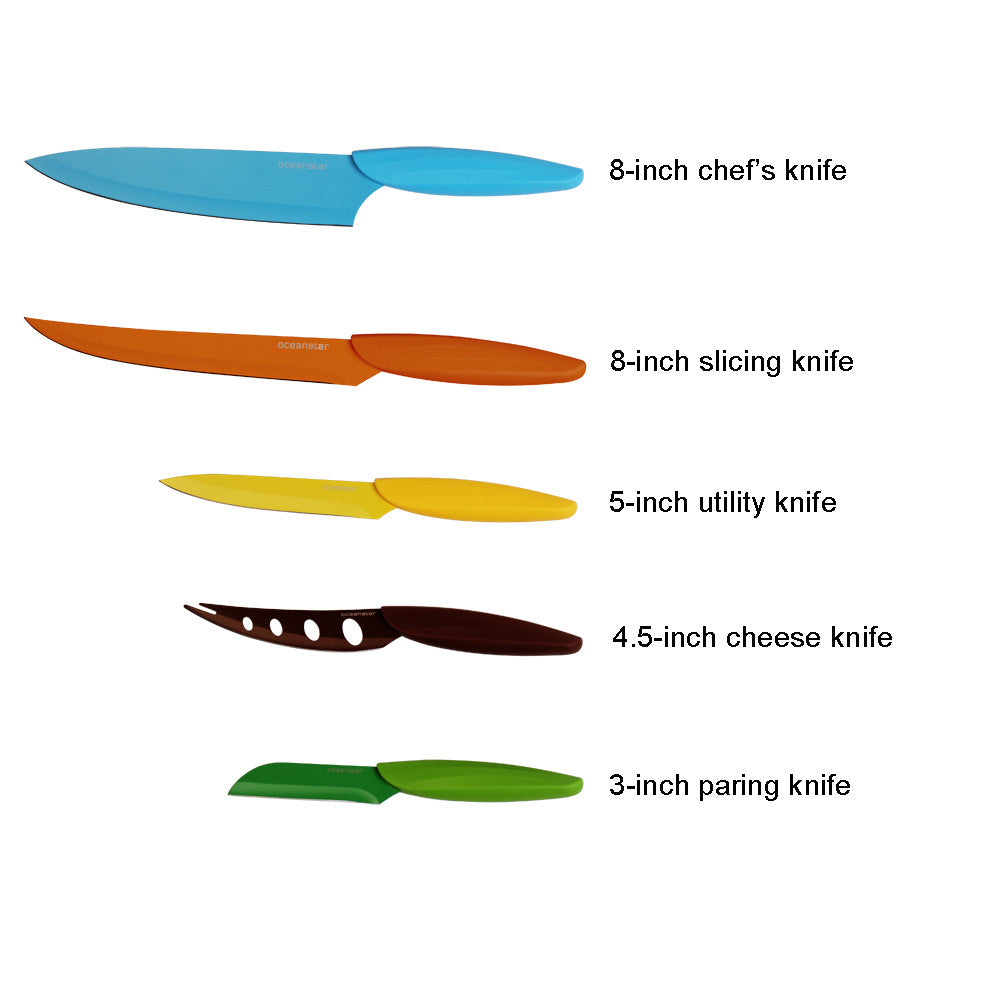 Six piece non-stick kitchen knife set with colorful handles and elegant black hardwood storage block — view 8