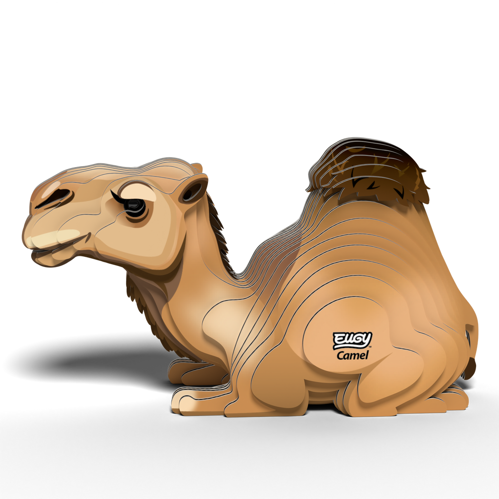 Assembled EUGY camel 3D puzzle made from biodegradable cardboard featuring a kneeling posture and single hump — view 5