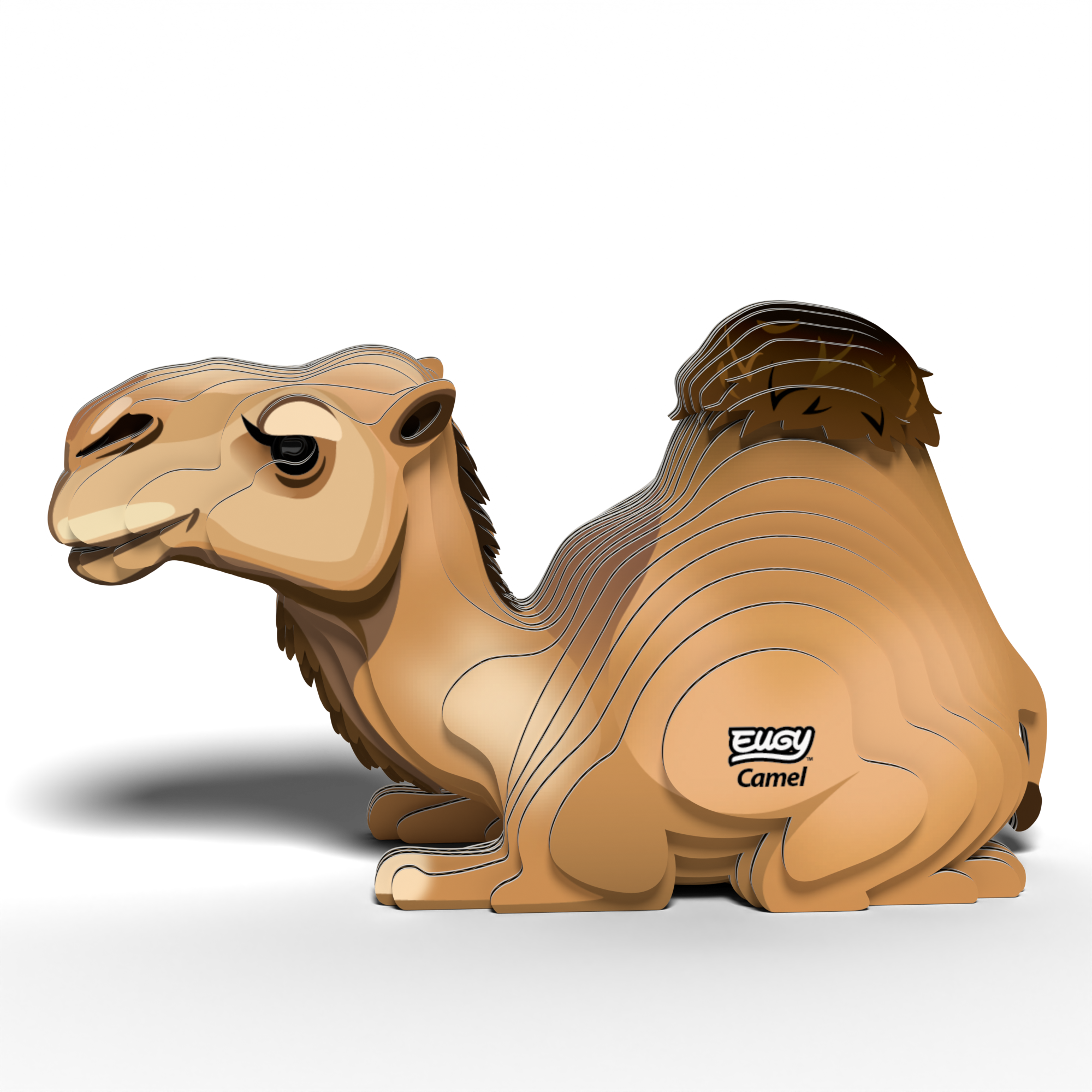 Assembled EUGY camel 3D puzzle made from biodegradable cardboard featuring a kneeling posture and single hump — view 5