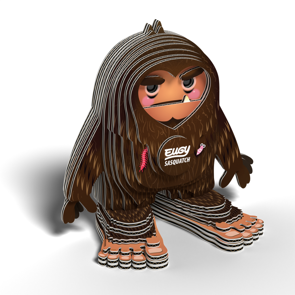EUGY Sasquatch 3D puzzle made of brown cardboard with large feet and a grumpy face — view 2
