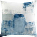 Contemporary woven throw pillow cover in deep blue, light sage, pale blue, white, and teal.