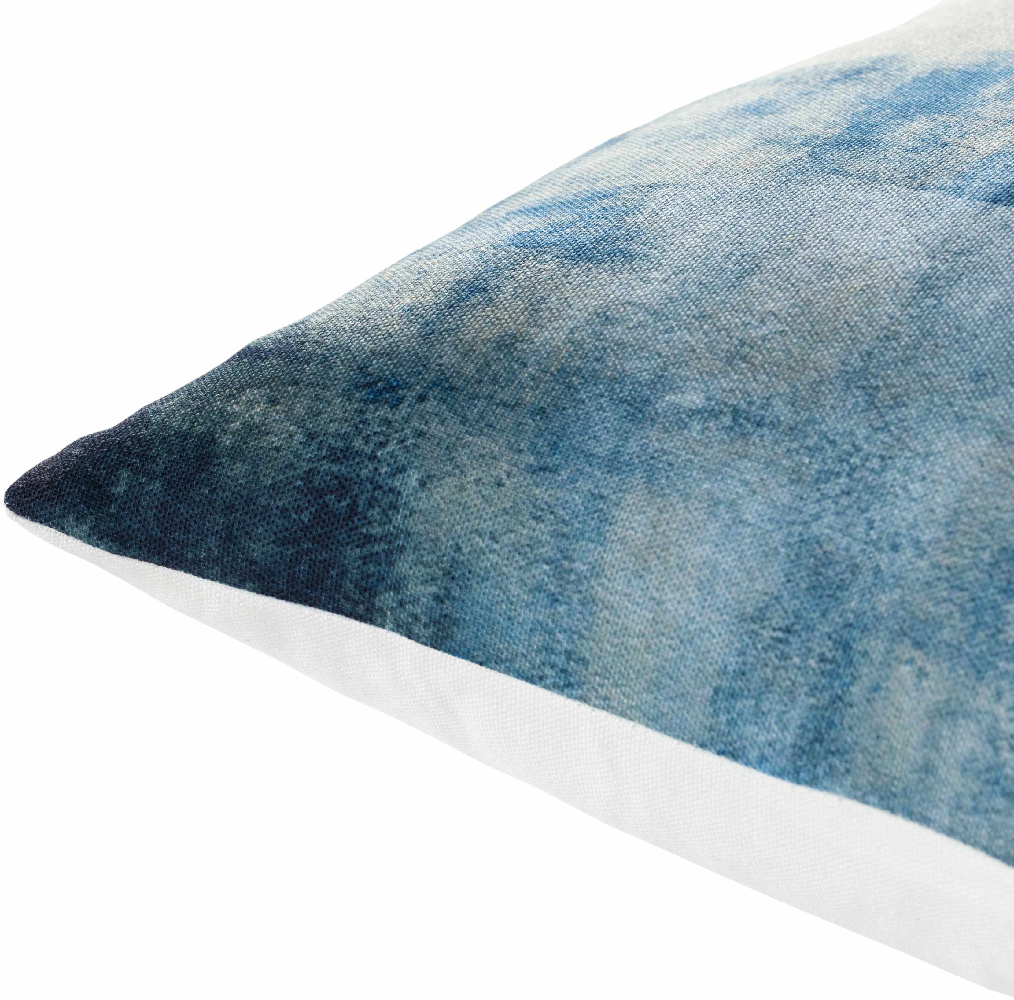Contemporary woven throw pillow cover in deep blue, light sage, pale blue, white, and teal. — view 2