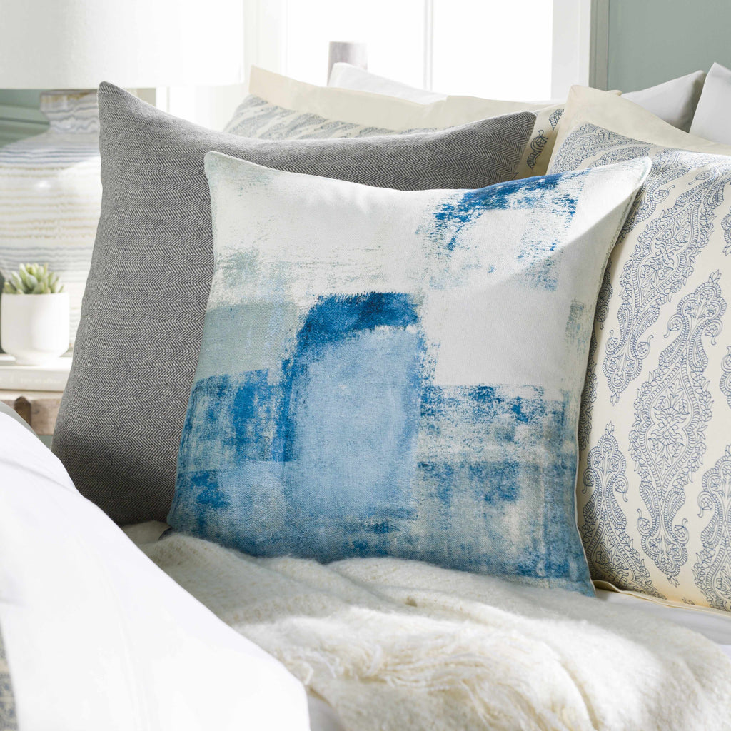 Contemporary woven throw pillow cover in deep blue, light sage, pale blue, white, and teal. — view 3