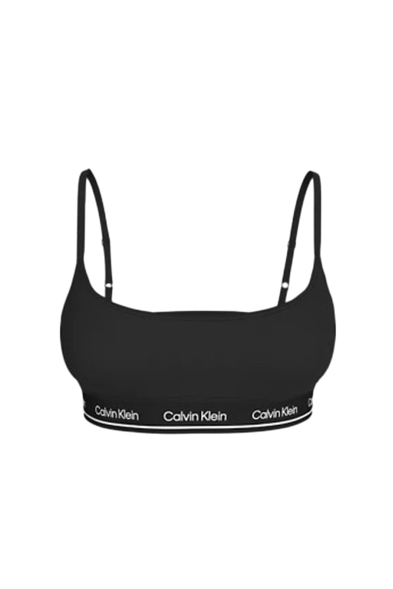 White bandeau bikini top with side cut-outs, adjustable straps, and printed contrasting logo underbust band — view 20