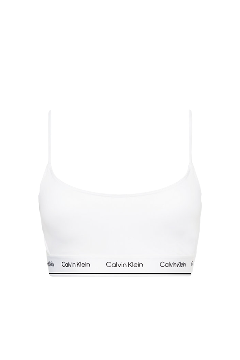 White bandeau bikini top with side cut-outs, adjustable straps, and printed contrasting logo underbust band — view 35