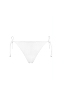 White stretch nylon women's bikini brief with adjustable side ties and printed back logo