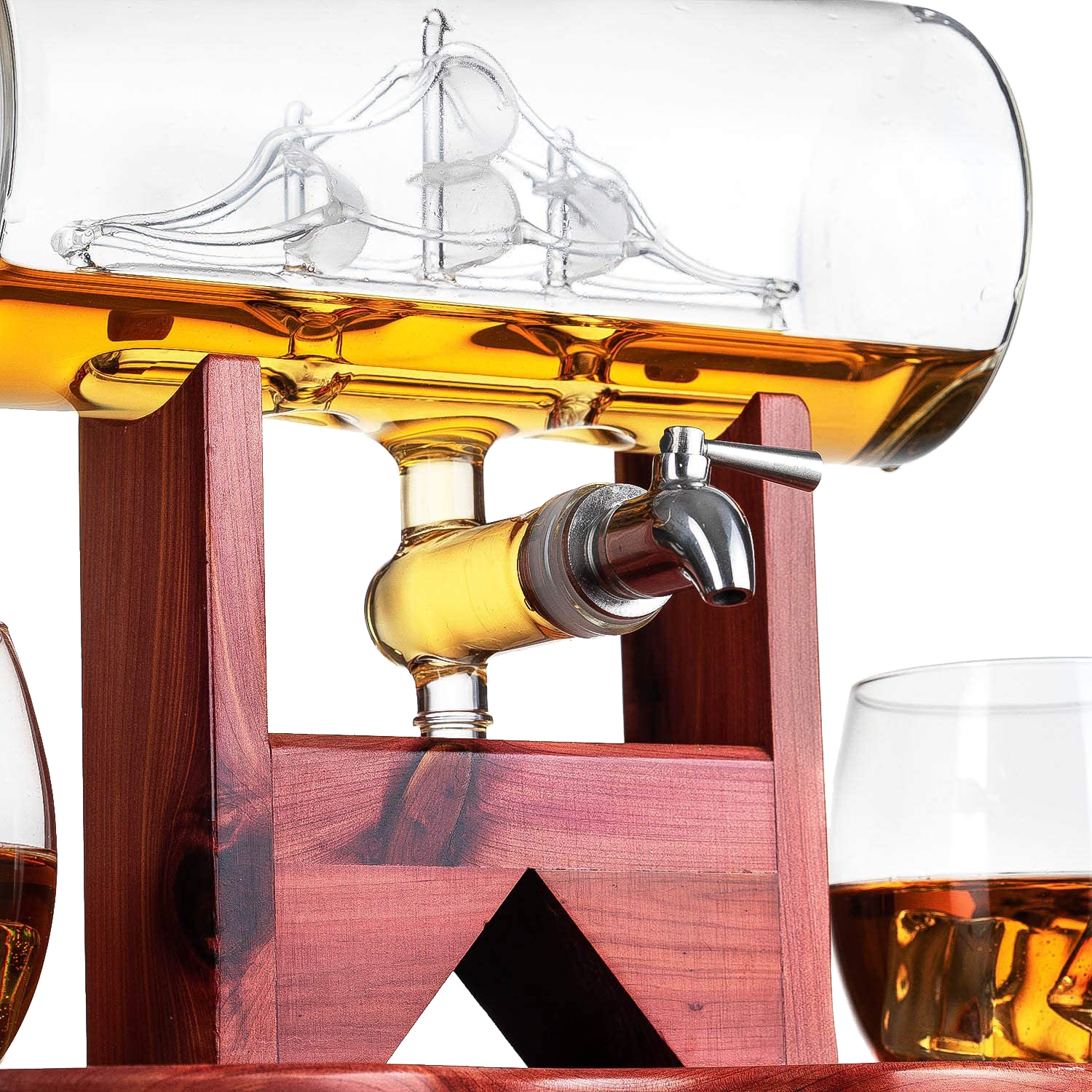 Hand-blown glass whiskey decanter with an antique ship inside, mahogany stand, and two glasses. — view 2