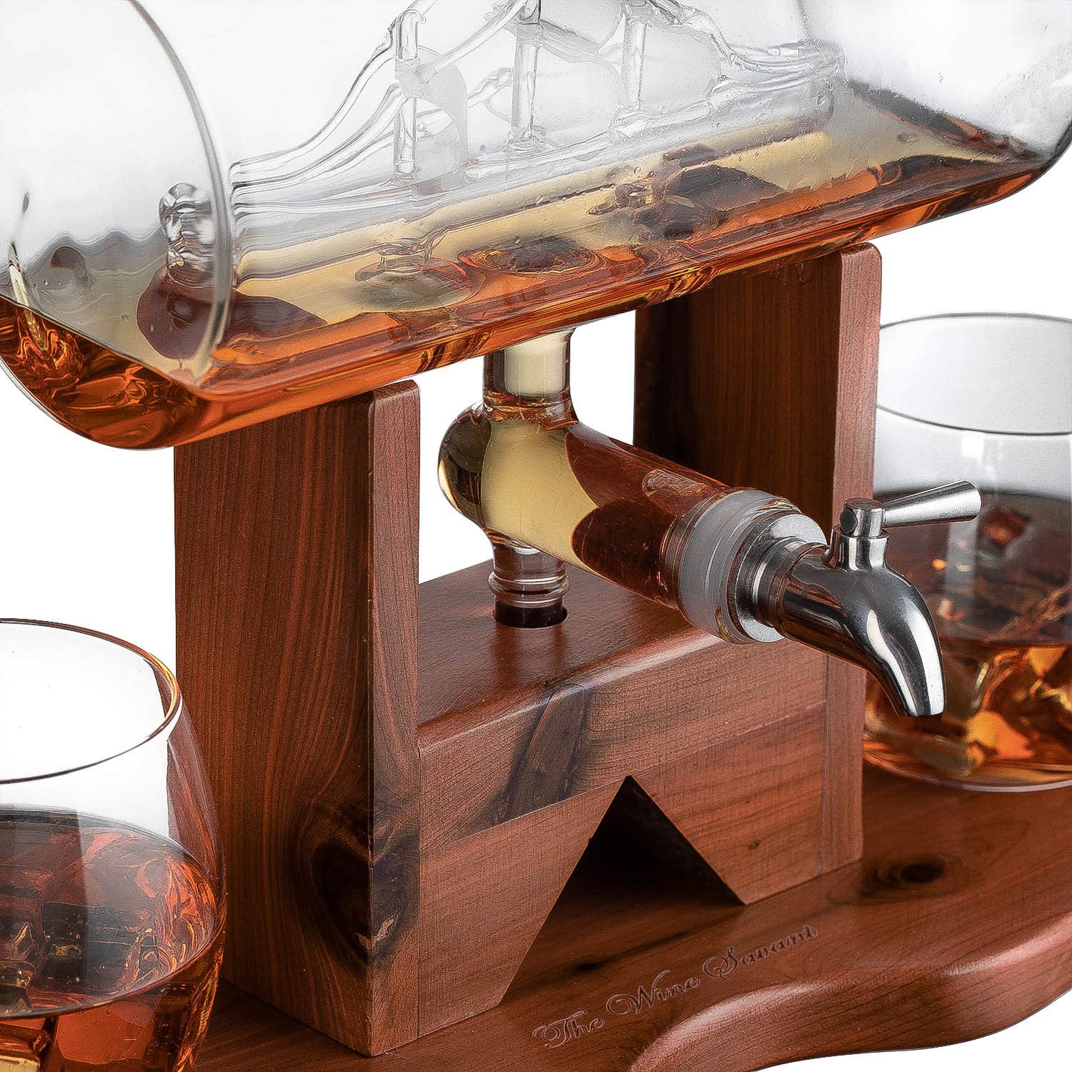 Hand-blown glass whiskey decanter with an antique ship inside, mahogany stand, and two glasses. — view 3