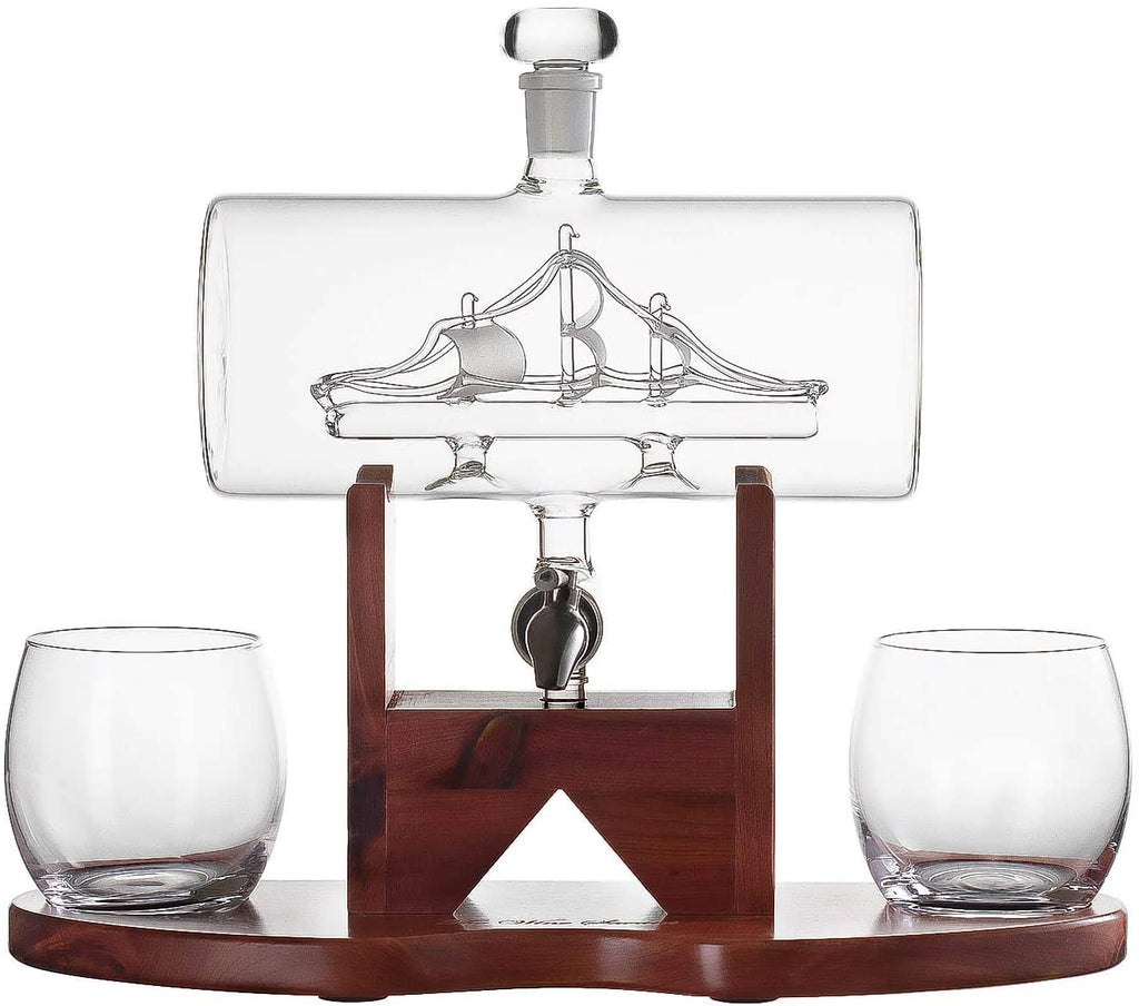 Hand-blown glass whiskey decanter with an antique ship inside, mahogany stand, and two glasses. — view 4