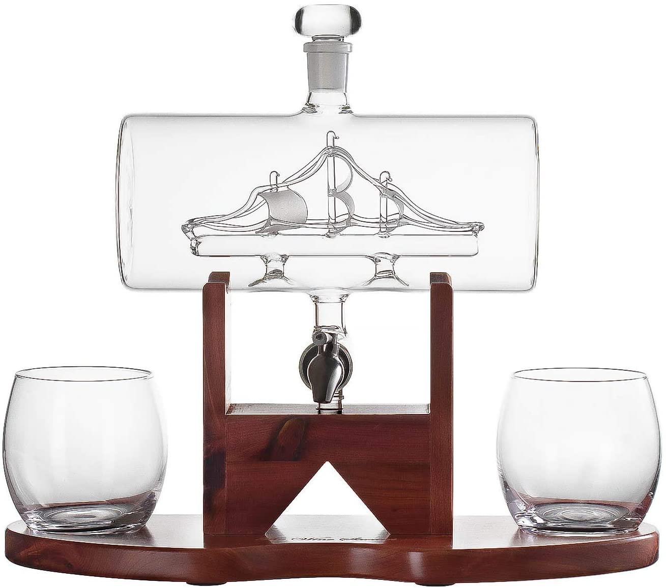 Hand-blown glass whiskey decanter with an antique ship inside, mahogany stand, and two glasses. — view 4