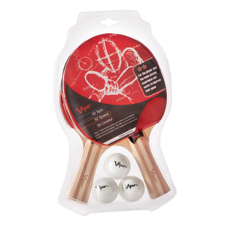 Two solid wood handle table tennis paddles with ITTF approved rubber and three ping pong balls — view 2