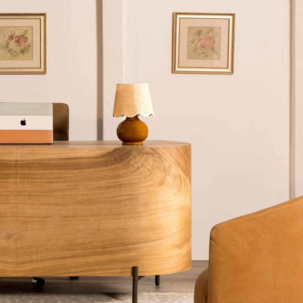 Wokila tan solid ceramic table lamp with a beige cotton shade and translucent base details — view 3
