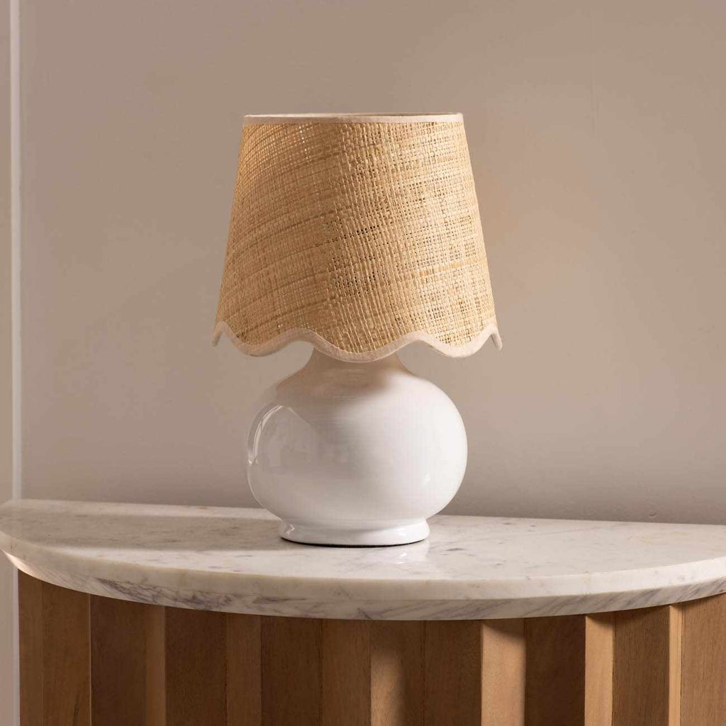 Logale white solid ceramic table lamp with beige cotton lampshade and a rocker switch